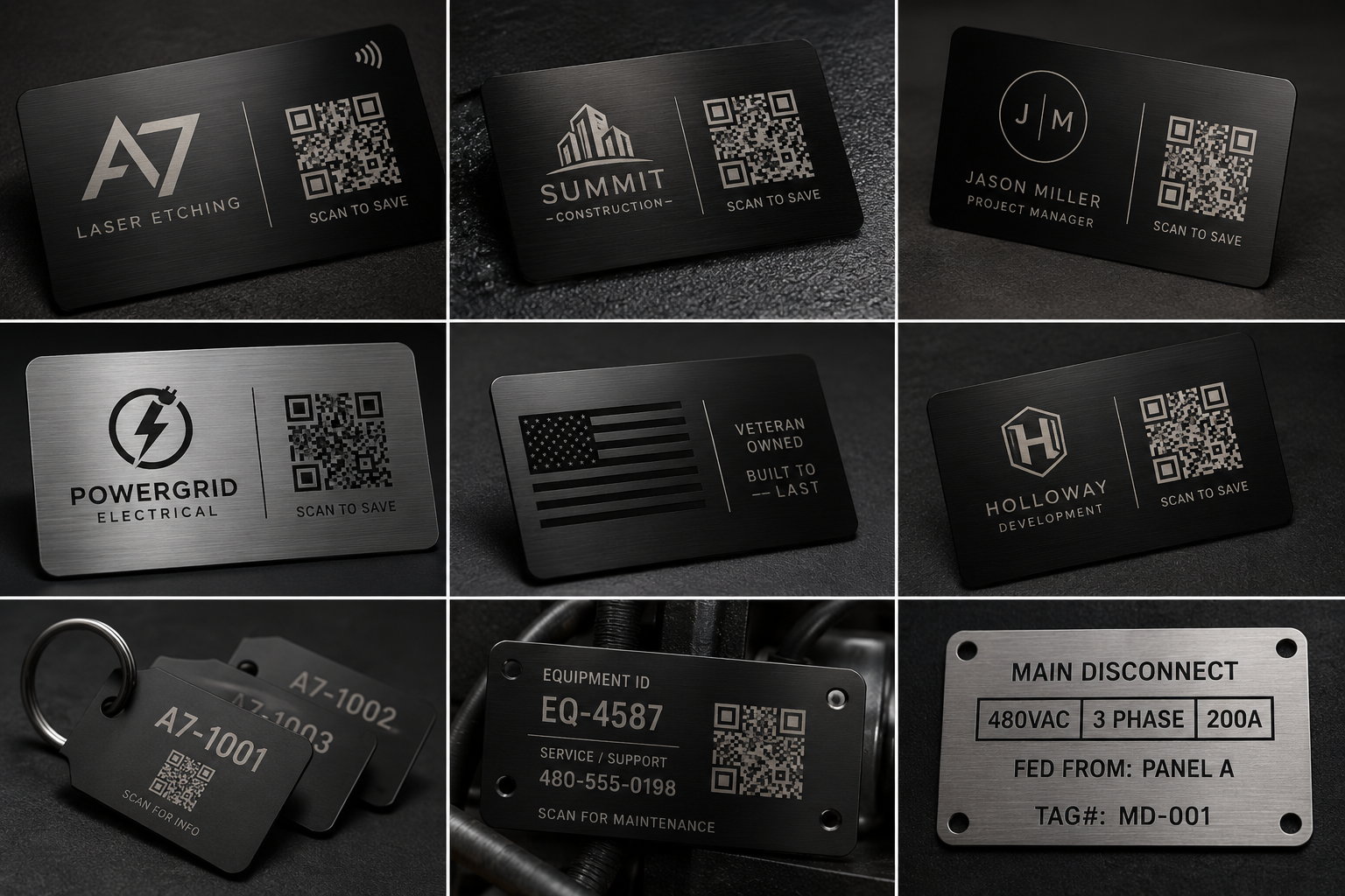 Examples of metal QR cards and etched tags